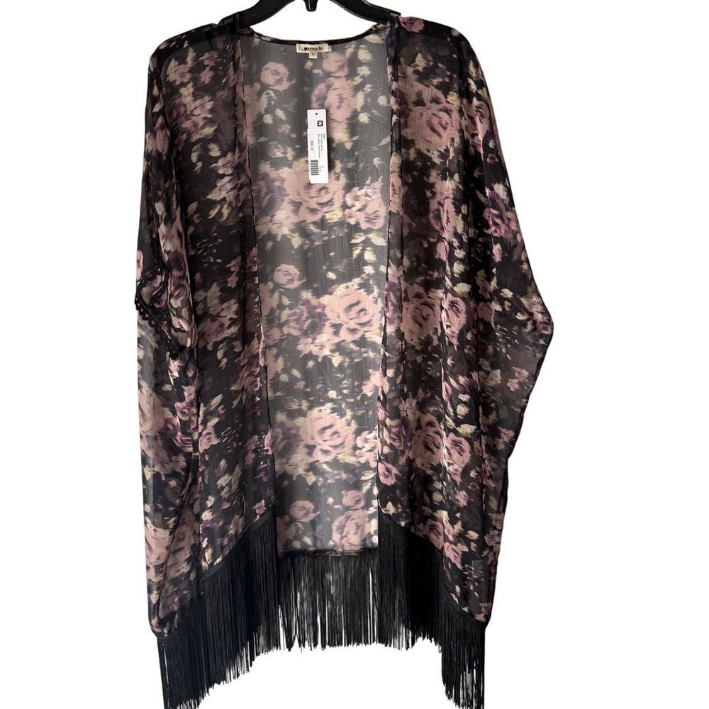 LA Made Floral Kimono Open Front Fringe Black Pink Sheer Lightweight Bohemian M
